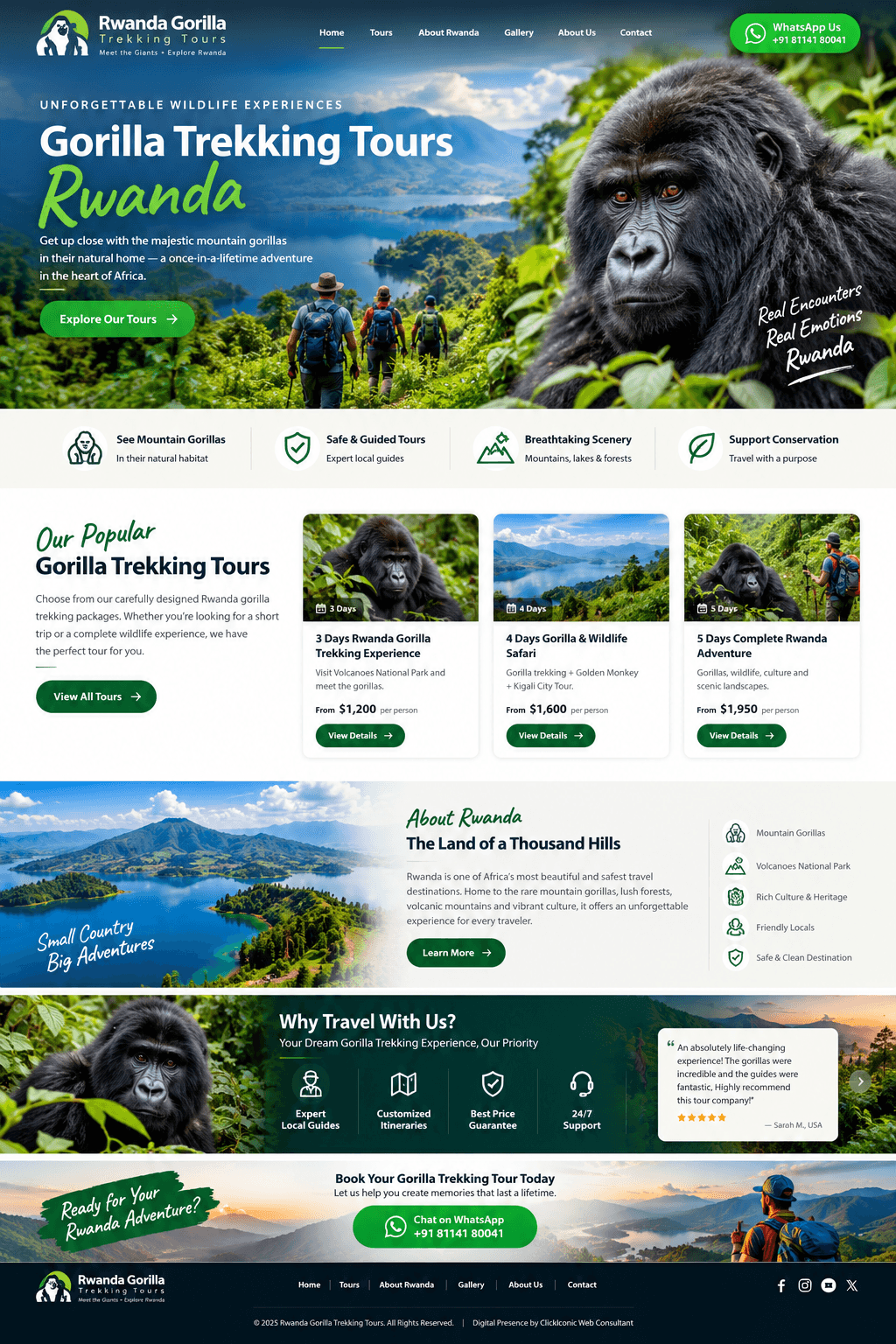 Rwanda gorilla trekking website design featuring mountain gorillas, rainforest scenery, and a professional tourism homepage