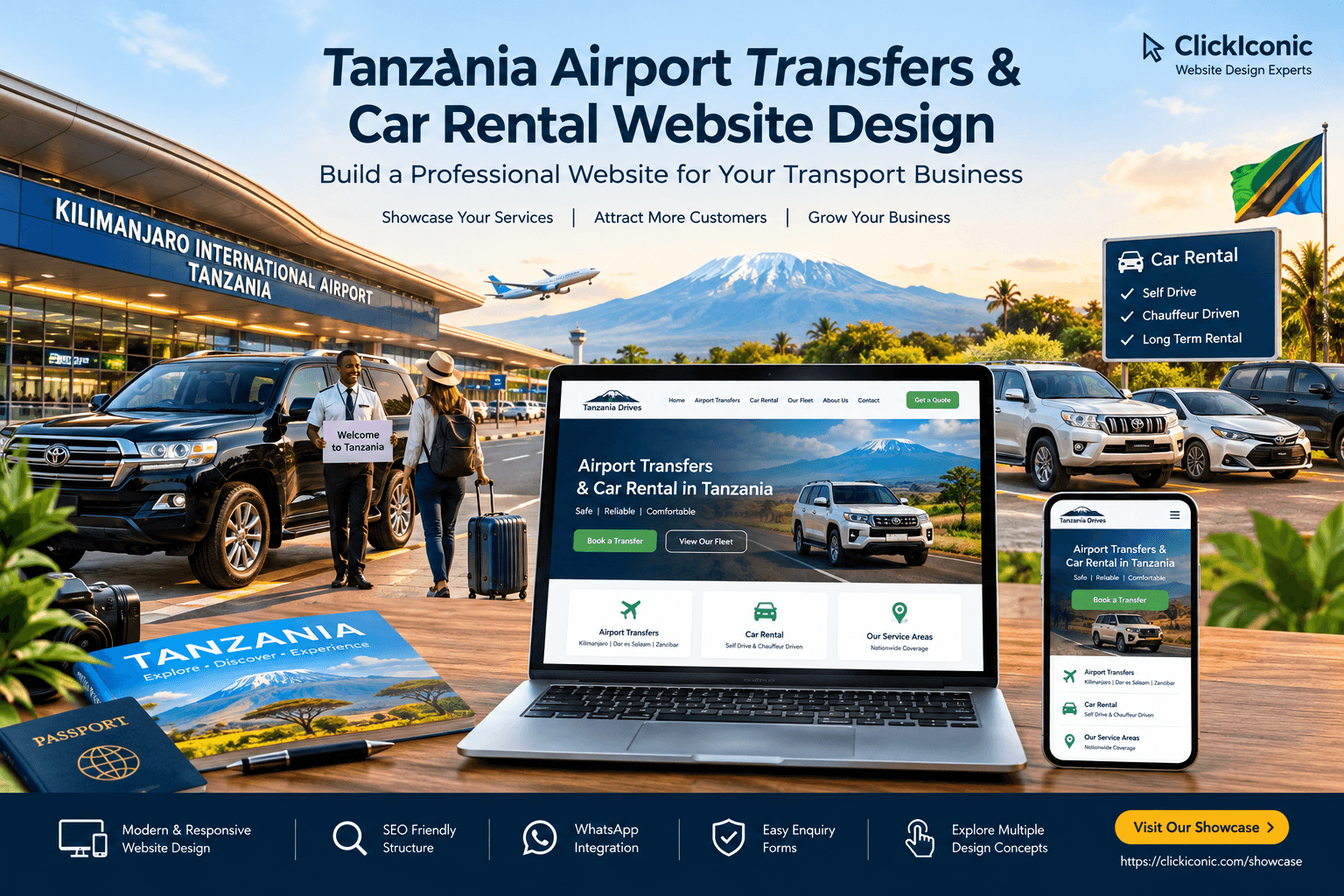 Professional Tanzania airport transfers and car rental website design featuring airport transportation services, rental vehicles, and a transport business homepage