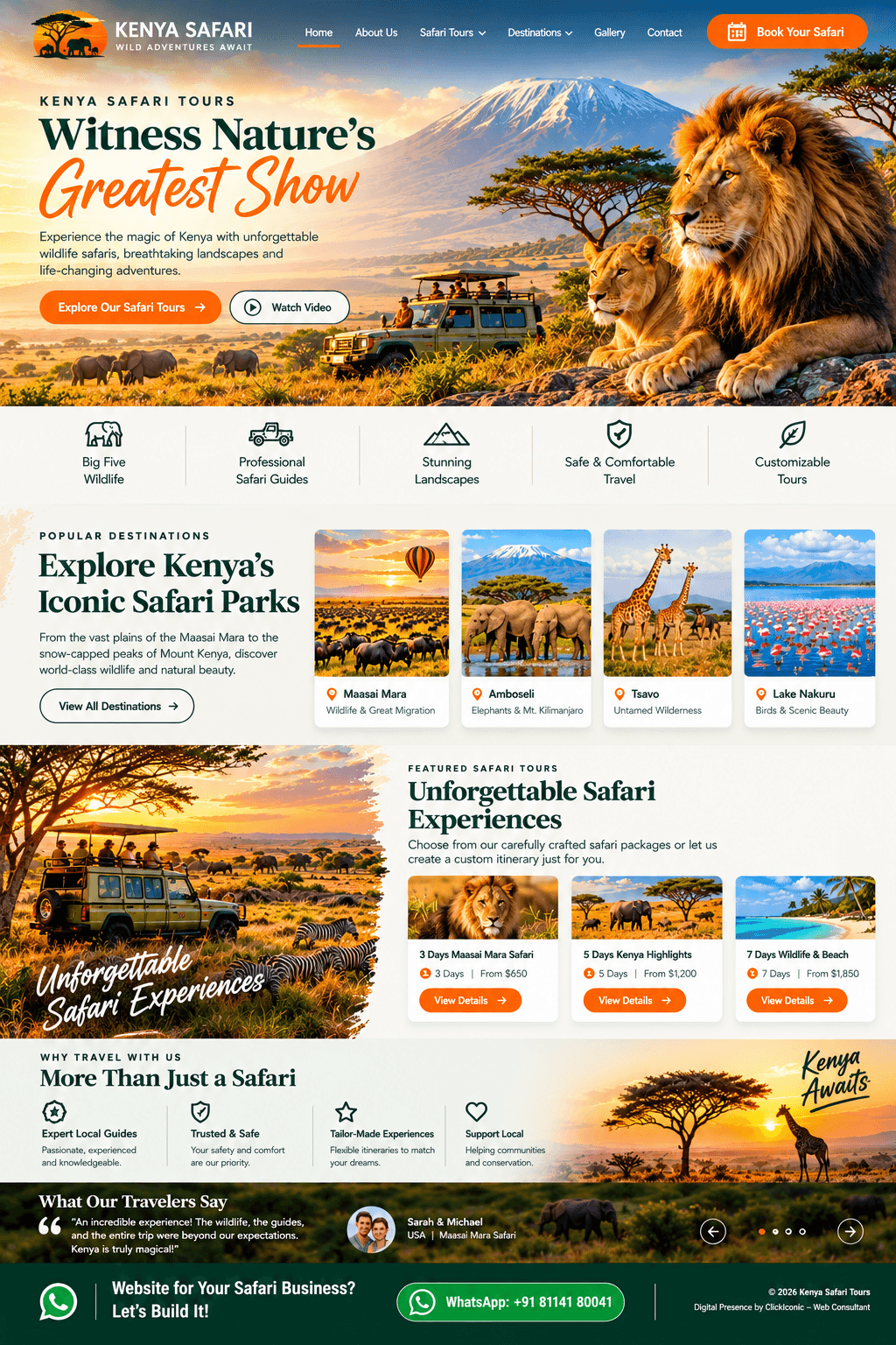 Kenya wildlife safari website design featuring African wildlife, safari vehicles, and game drive experiences