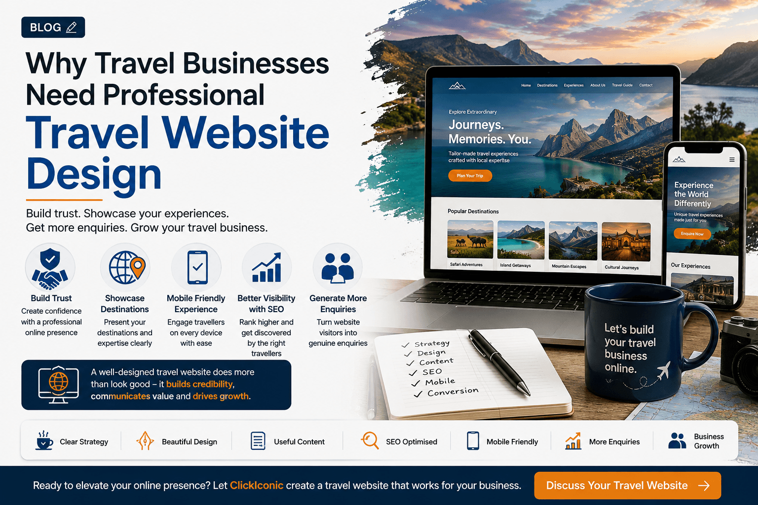 Professional travel website displayed on desktop and mobile devices, representing trust, tourism, travel enquiries, and digital presence