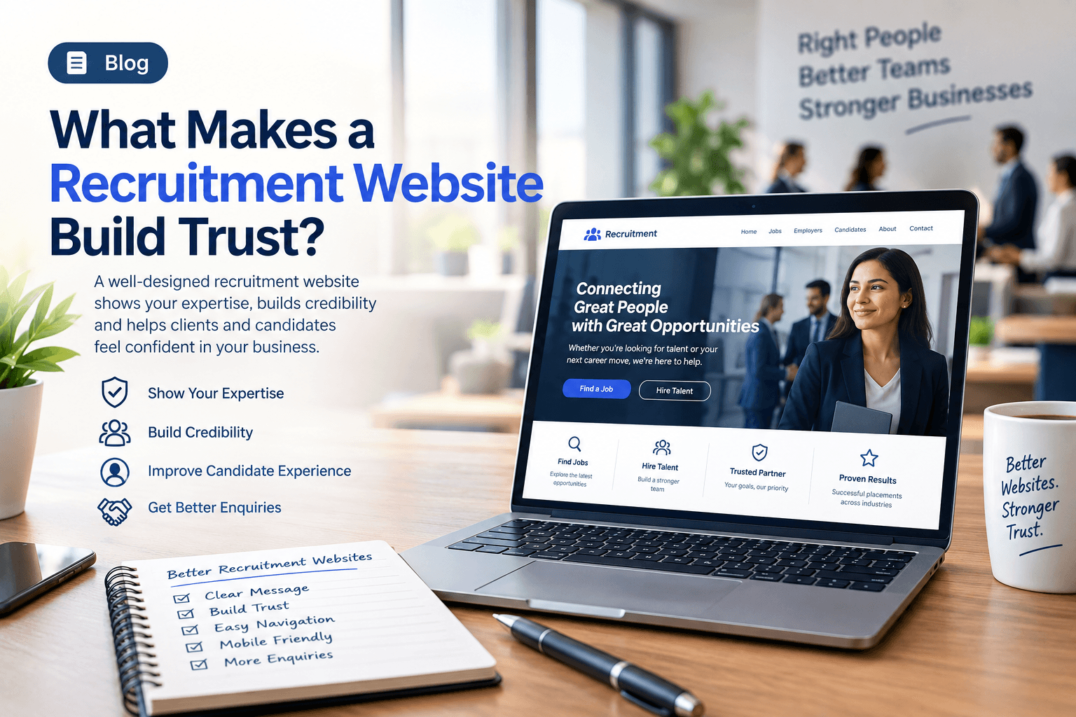 Recruitment website design showing professional presentation, workforce expertise, trust, candidate experience, and client enquiries