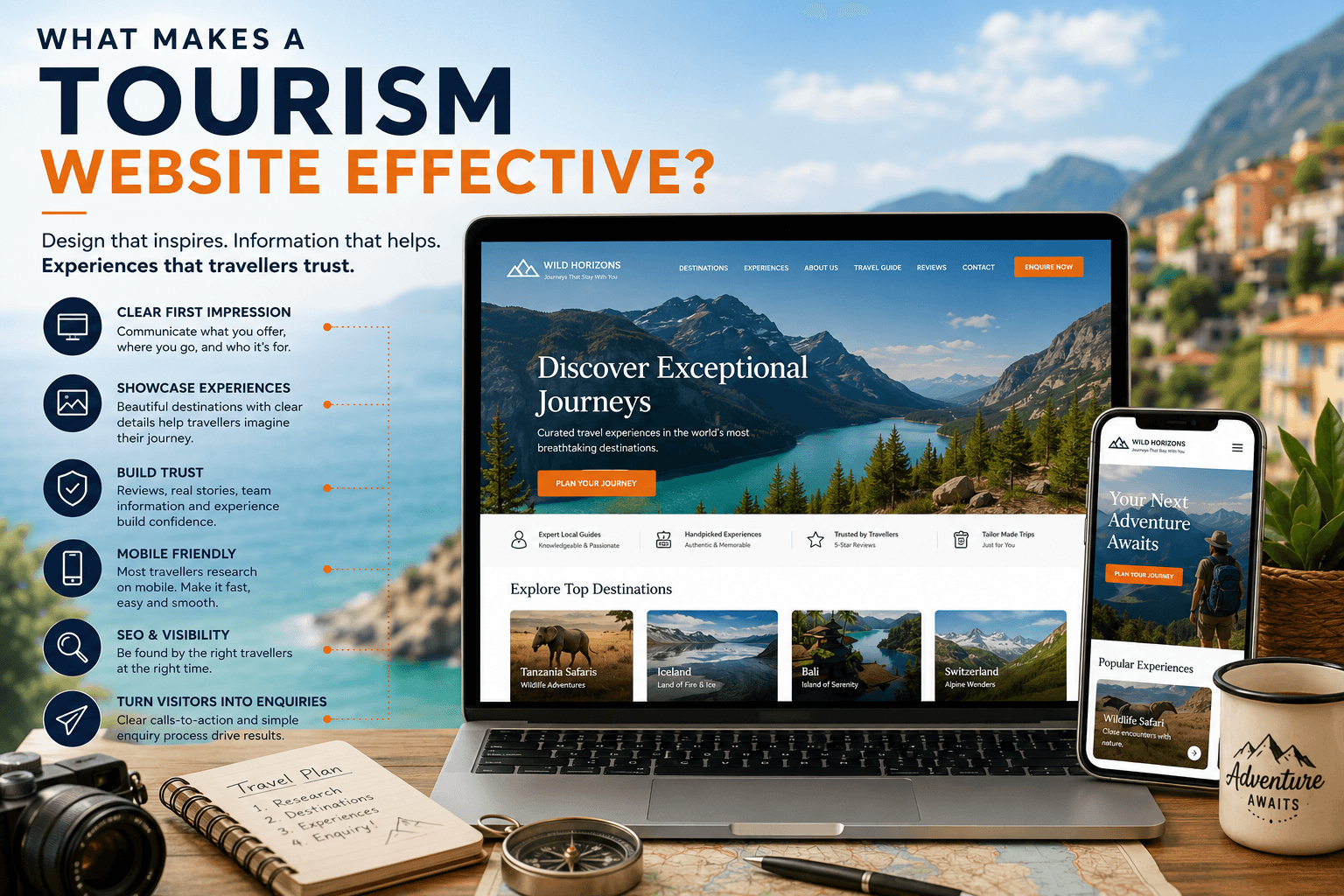 Effective tourism website design showing destinations, travel experiences, trust, mobile usability, and enquiry-focused website structure