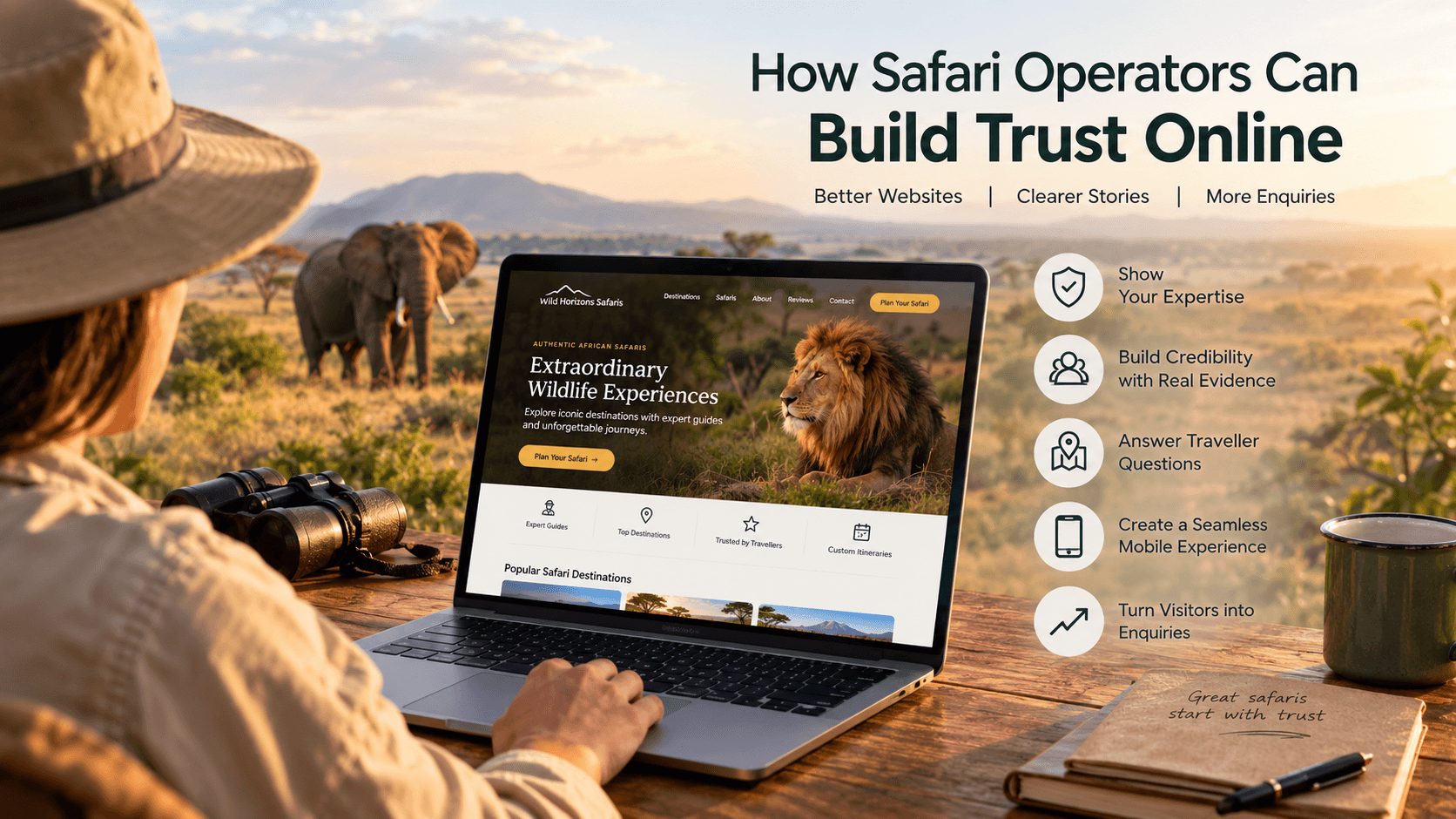 Safari website design showing wildlife experiences, destination expertise, traveller trust, mobile usability, and enquiry-focused website structure