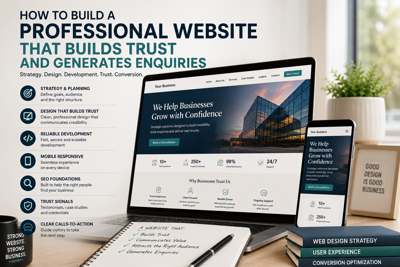 Professional business website displayed on a laptop and mobile device, representing website strategy, credibility, and business enquiries