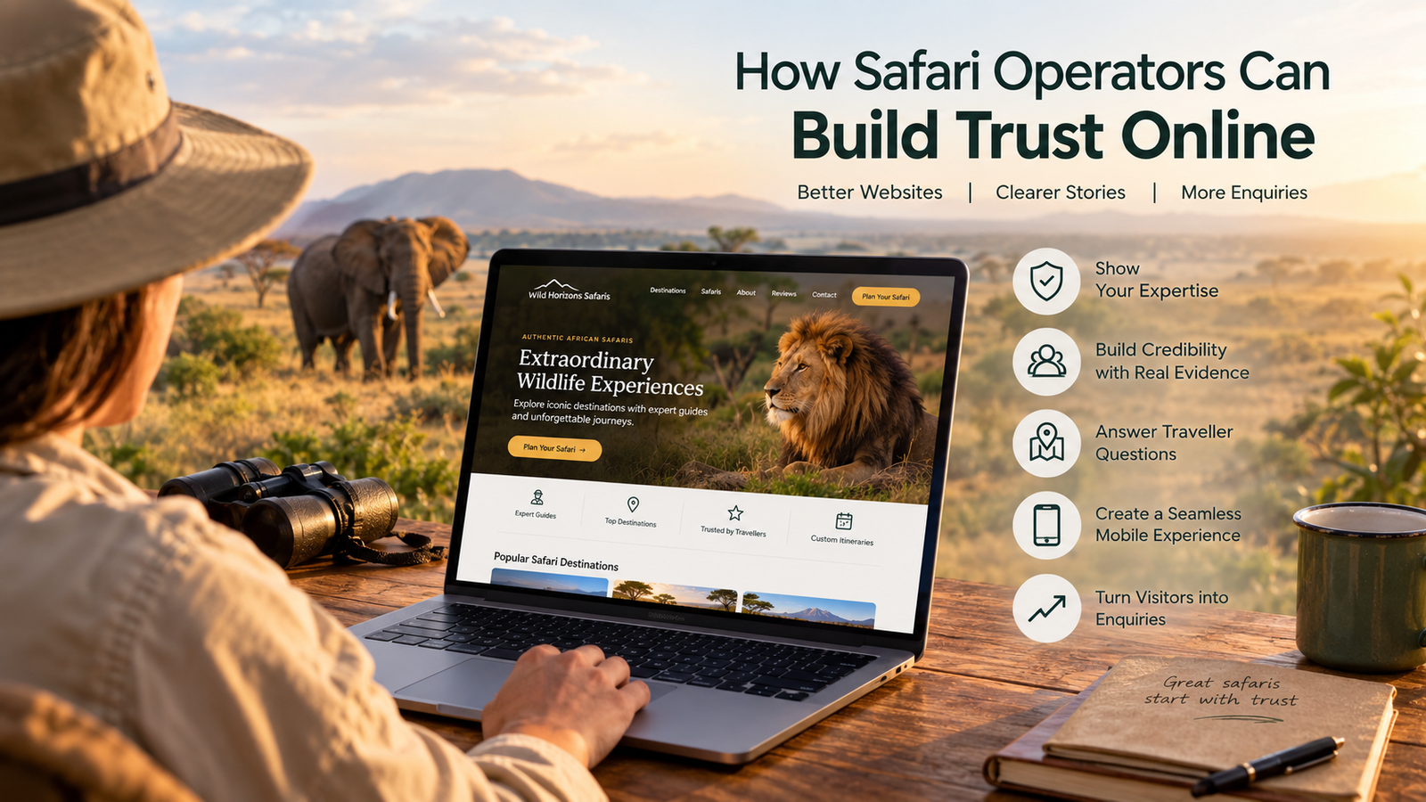 Safari website design showing wildlife experiences, destination expertise, traveller trust, mobile usability, and enquiry-focused website structure